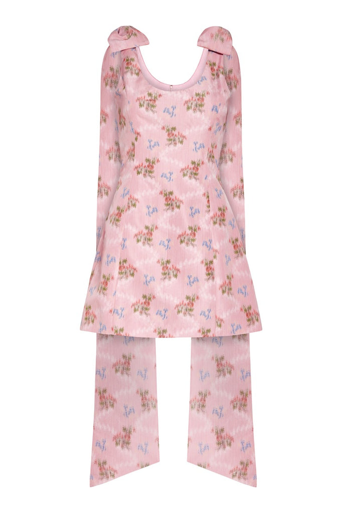 OTM Exclusive: Gita Pink Floral Ikat Scoop Neck Mini Dress With Shoulder Trains