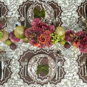 brown placemats, brown napkins, embroidered placemats, embroidered napkins, green and white tablecloth, luxury fall table linens
