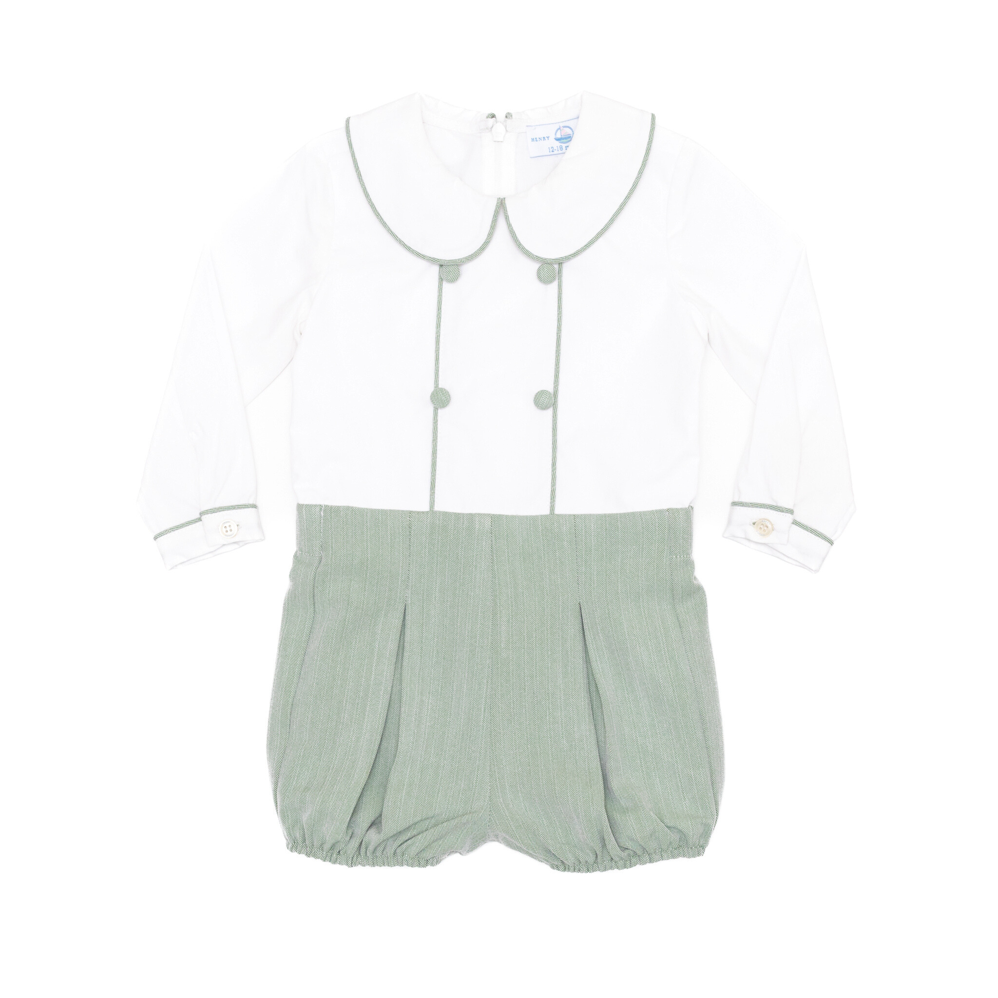 Classic baby boy bubble romper in sage green herringbone fabric, inspired by English heritage style, heirloom-quality traditional boys clothing for portraits, holidays, and special occasions