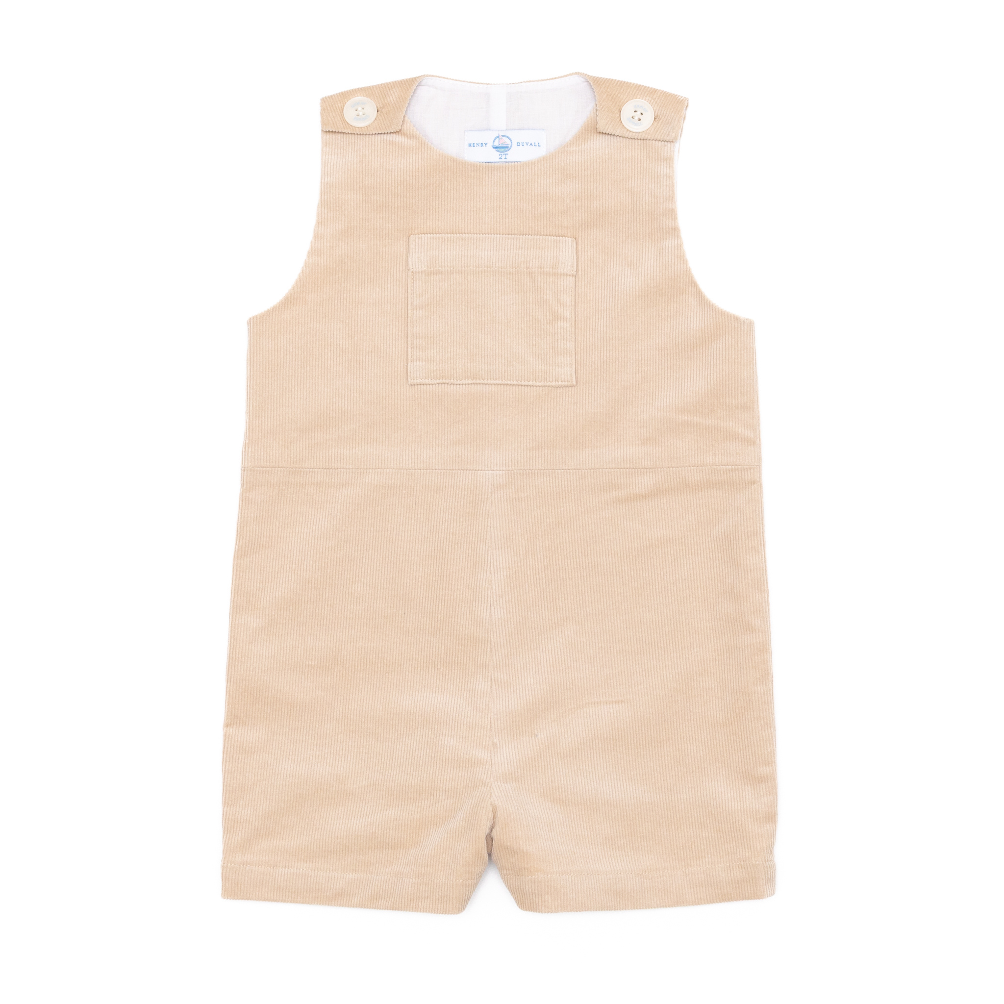 Henry Duvall Oliver Overalls in King’s Way Khaki Corduroy, classic toddler boys fall outfit with relaxed fit, perfect for layering with Peter Pan shirts or coordinating sibling looks