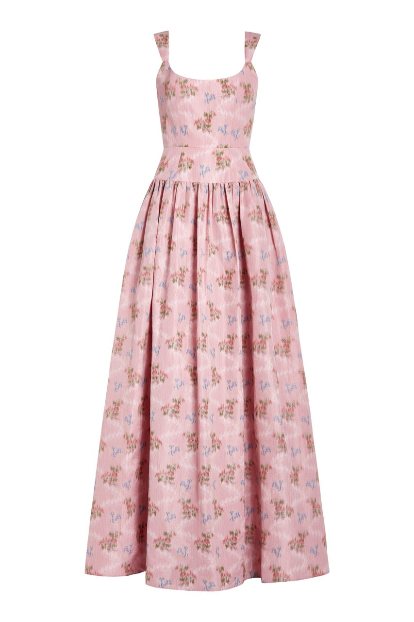 OTM Exclusive: Octavia Pink Floral Ikat Drop Waist Gown