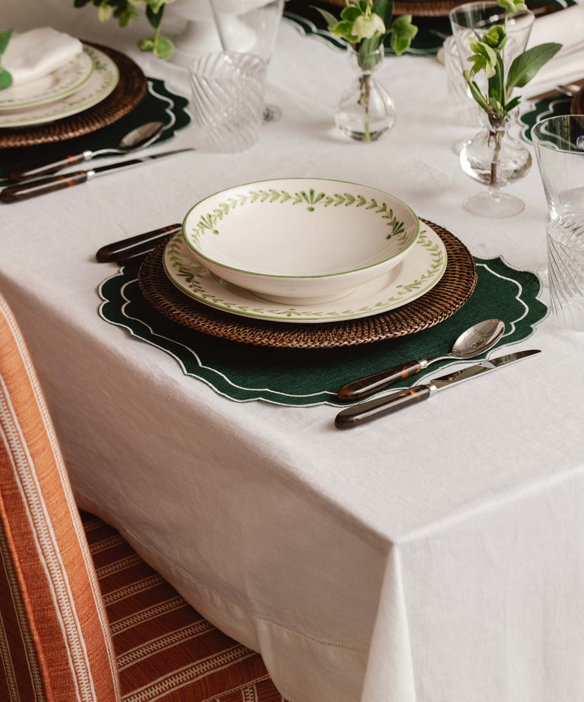 Rebecca Udall Elouise hand painted pasta bowl crockery, sage green with the Rattan Charger