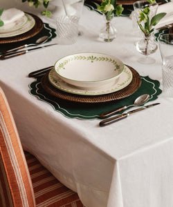 Rebecca Udall Elouise hand painted pasta bowl crockery, sage green with the Rattan Charger