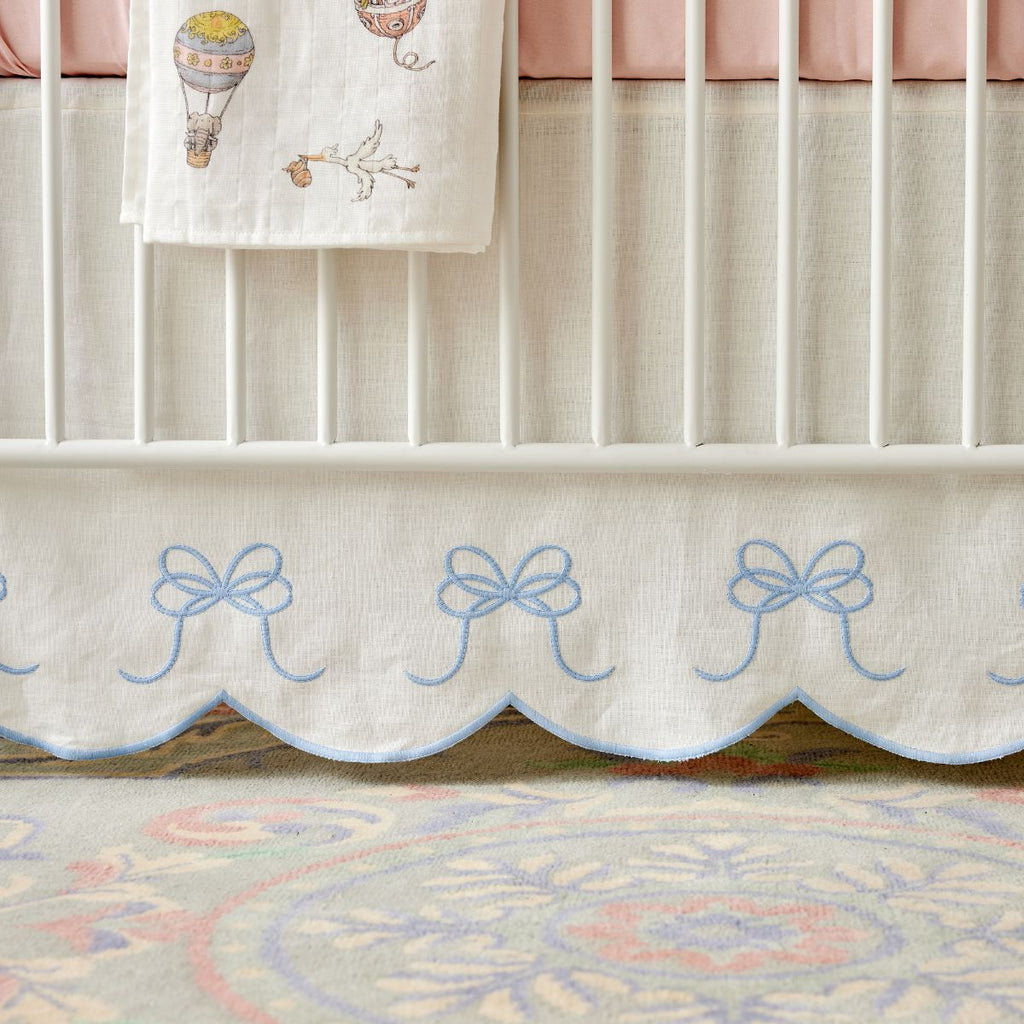 Bow Scalloped Crib Skirt in Soft Blue