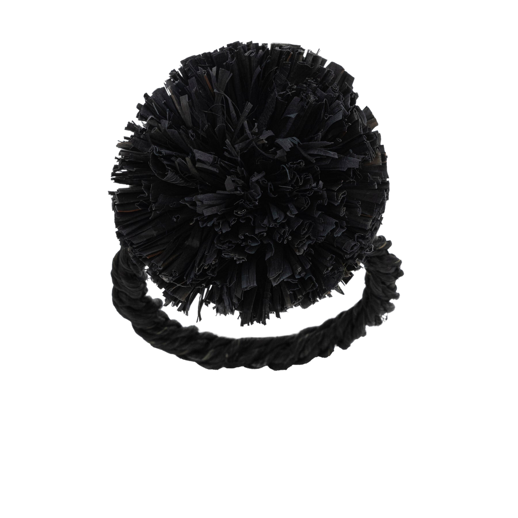 Straw Pompom Napkin Rings in Black, Set of Four