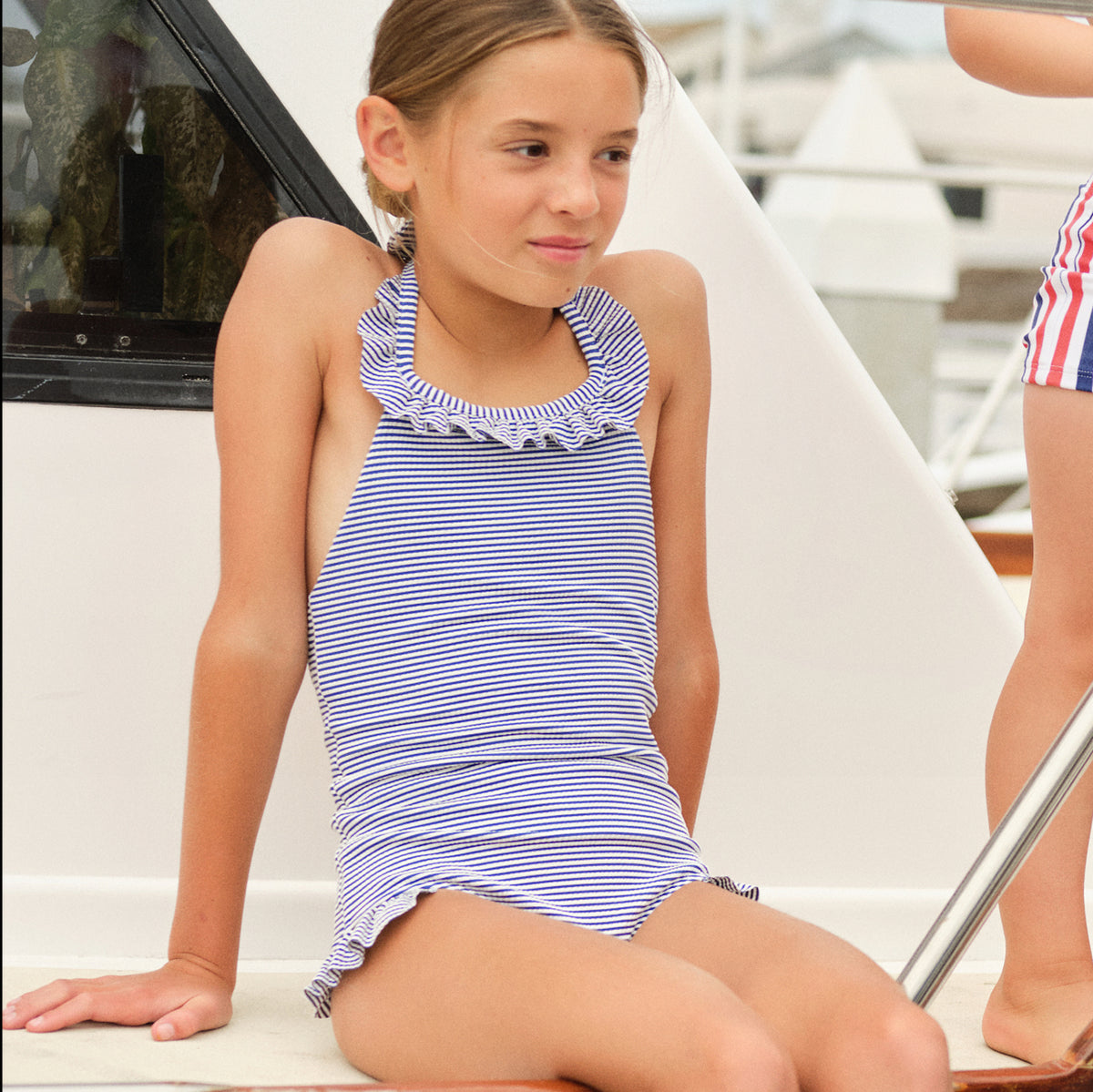 Girl’s Harbor Stripe Ruffle Halter One Piece
