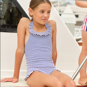 Girl’s Harbor Stripe Ruffle Halter One Piece