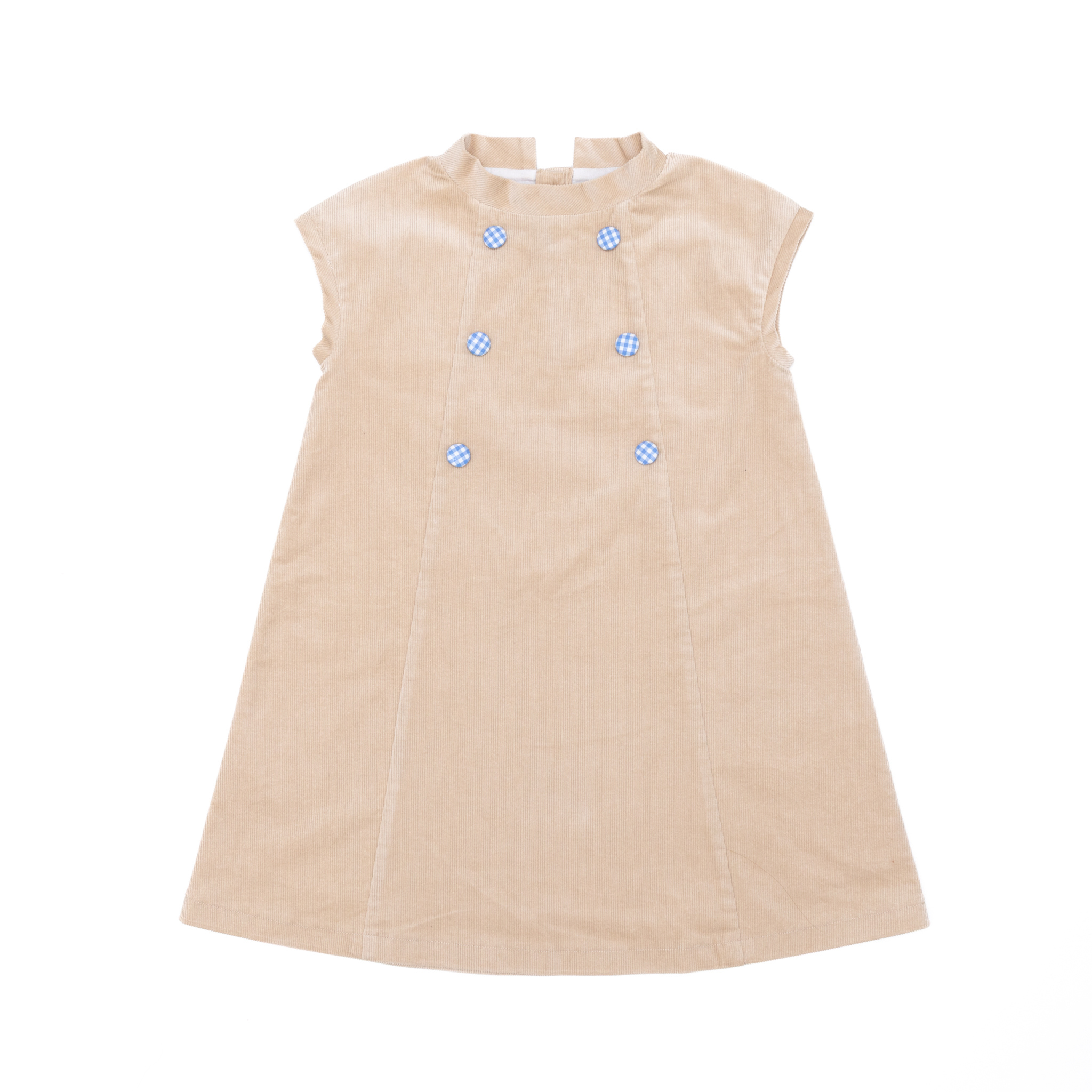 Henry Duvall Isabel Dress in King’s Way Khaki Corduroy with Charles Street Check covered buttons, classic fall toddler and girls outfit with heirloom style and timeless details