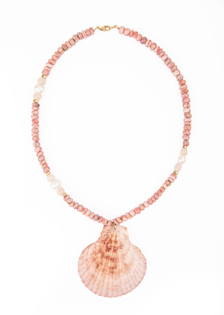 OTM Exclusive: Rhodochrosite, Pearl, And Moonstone Necklace With Cinnamon Brown Shell Pendant