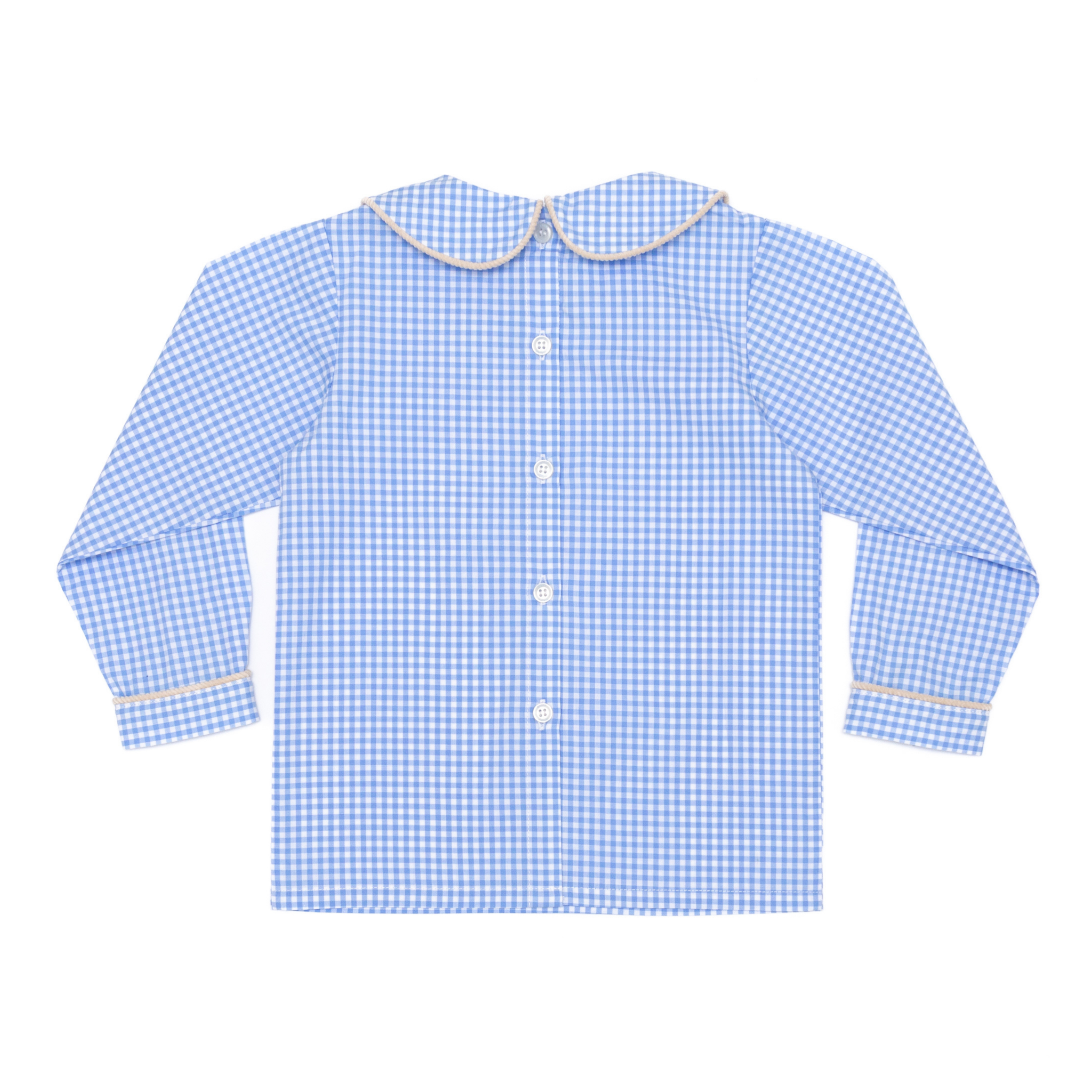 Henry Duvall Henry Peter Pan Shirt in classic blue Charles Street Check gingham, timeless fall toddler boys top perfect for layering with corduroy overalls or coordinating sibling looks.