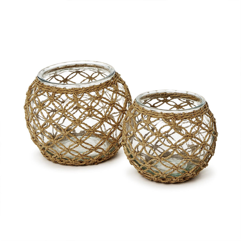 Glass Candle Holder with Hand-Woven Paper Wrap Lattice, Set of 2