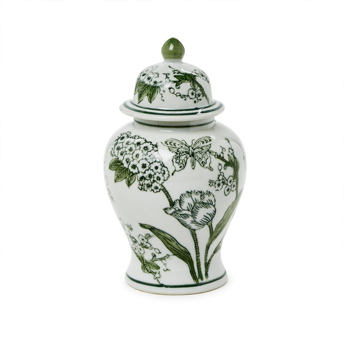 8" Primrose Lotus Green & White Chinoiserie Jar with Lid
