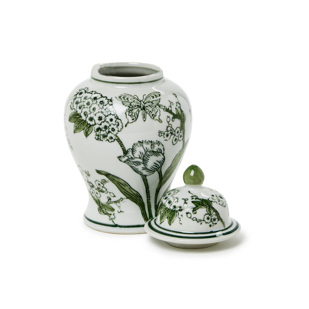8" Primrose Lotus Green & White Chinoiserie Jar with Lid