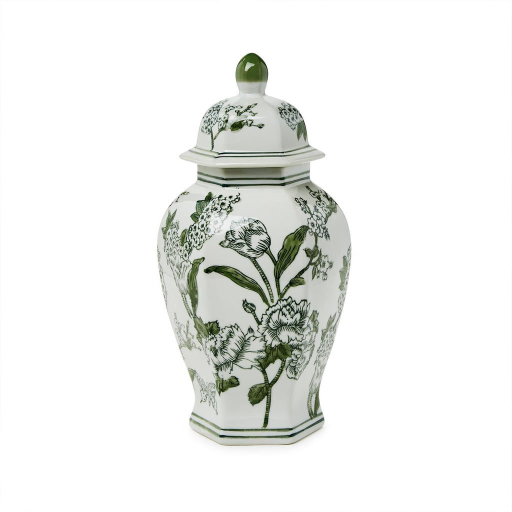 14" Primrose Lotus Green & White Chinoiserie Temple Jar with Lid