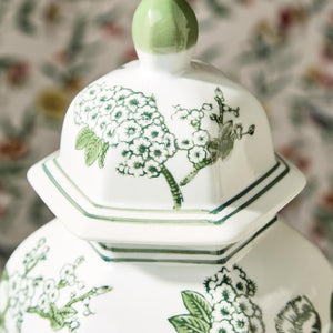 14" Primrose Lotus Green & White Chinoiserie Temple Jar with Lid
