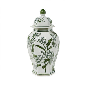 14" Primrose Lotus Green & White Chinoiserie Temple Jar with Lid