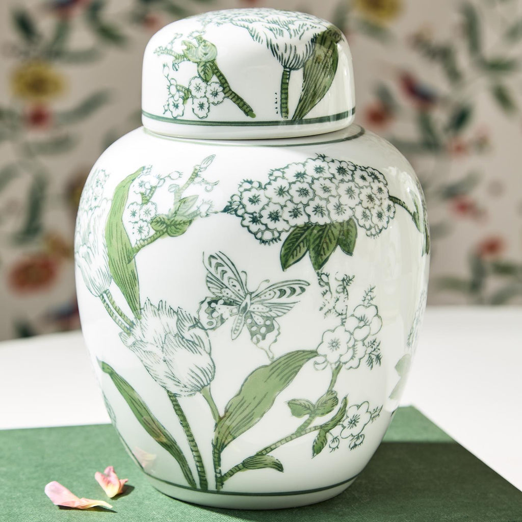 7 1/2" Primrose Lotus Green & White Chinoiserie Ginger Jar with Lid