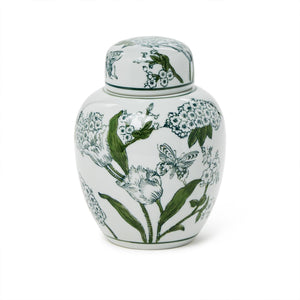 7 1/2" Primrose Lotus Green & White Chinoiserie Ginger Jar with Lid