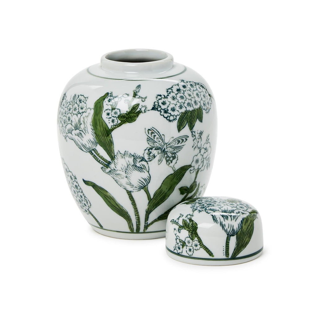 7 1/2" Primrose Lotus Green & White Chinoiserie Ginger Jar with Lid