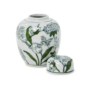 7 1/2" Primrose Lotus Green & White Chinoiserie Ginger Jar with Lid