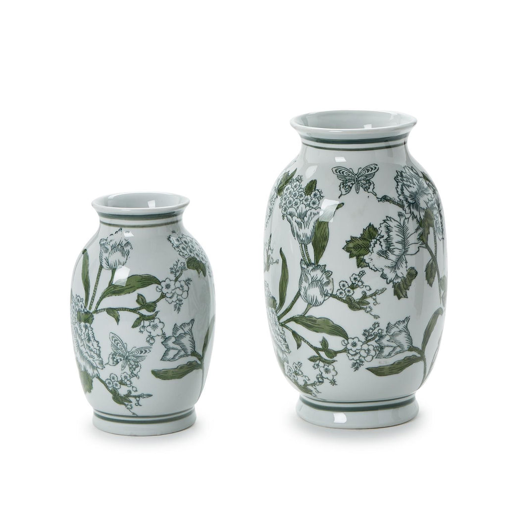 Primrose Lotus Green & White Chinoiserie Vases, Set of 2