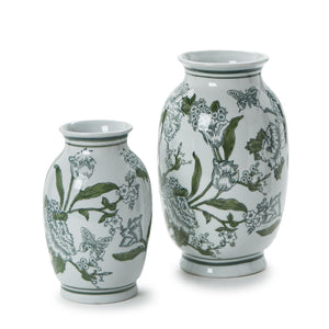 Primrose Lotus Green & White Chinoiserie Vases, Set of 2