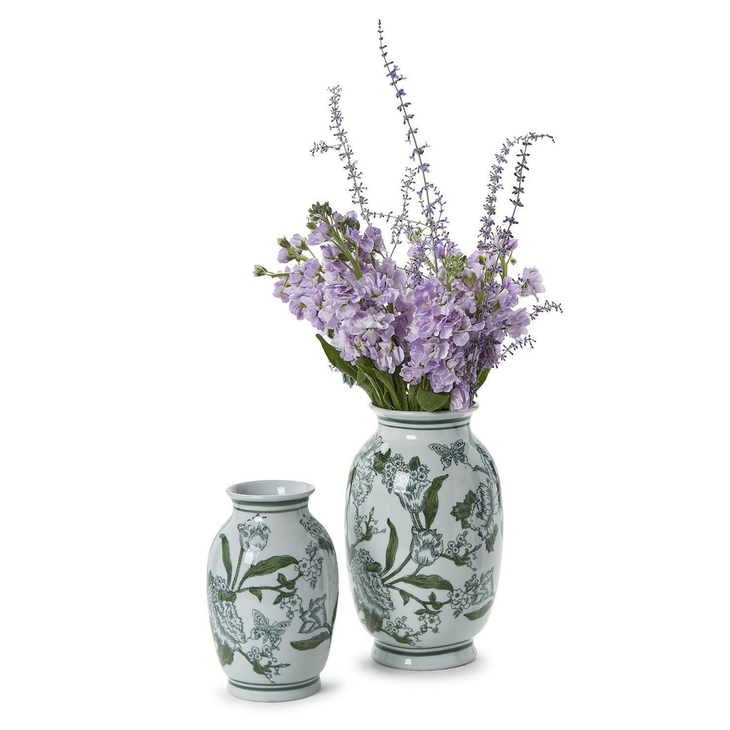 Primrose Lotus Green & White Chinoiserie Vases, Set of 2