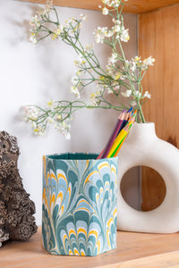 Hand-Marbled Pencil Holder Organizer in Blue Marbling