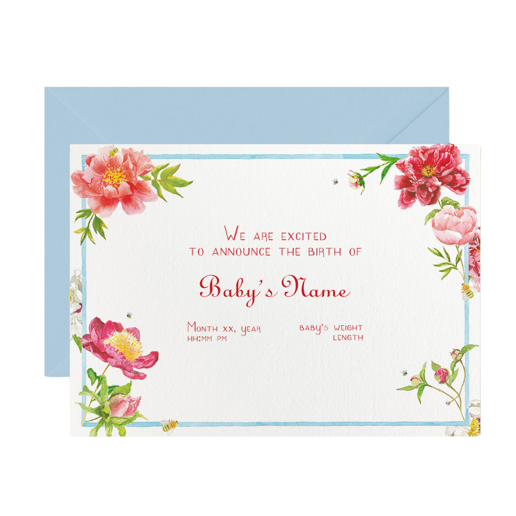 Peonies Birth Announcement without Photo, Set of 50