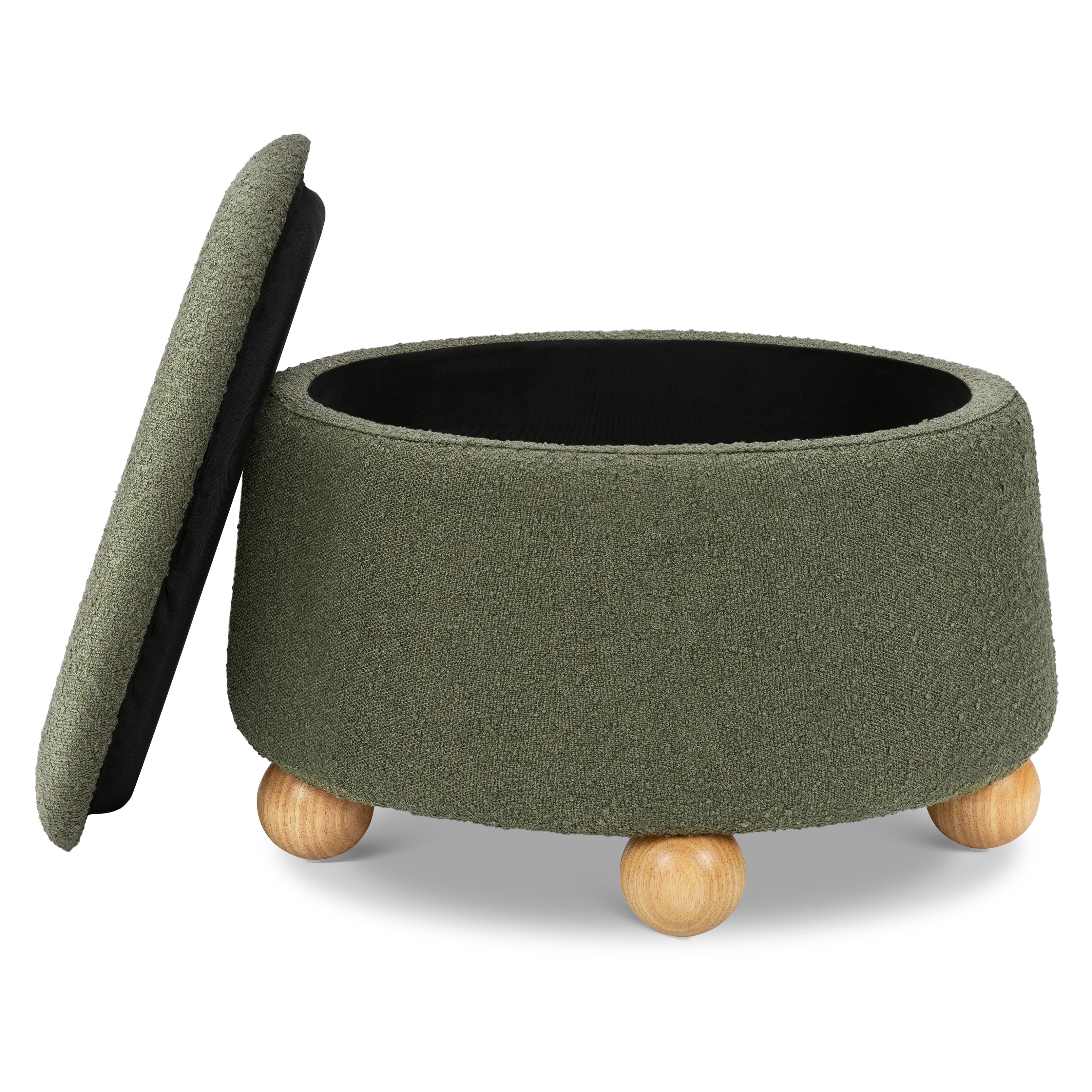 Tuffet Storage Ottoman in Performance Olive Boucle with Honey Ball Feet