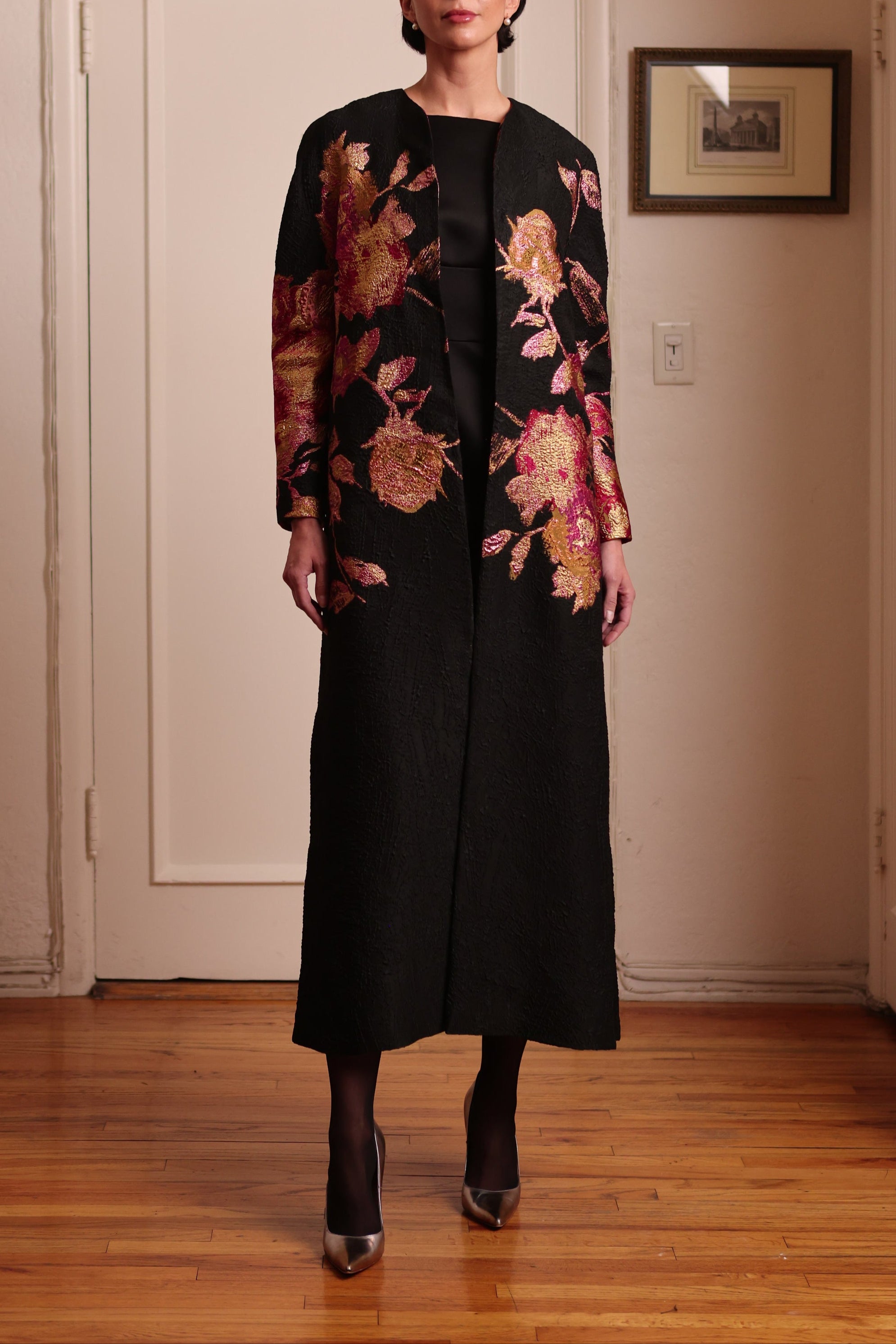 Brocade Coat in Black Crepe with Pink & Gold Abstract Floral French Brocade