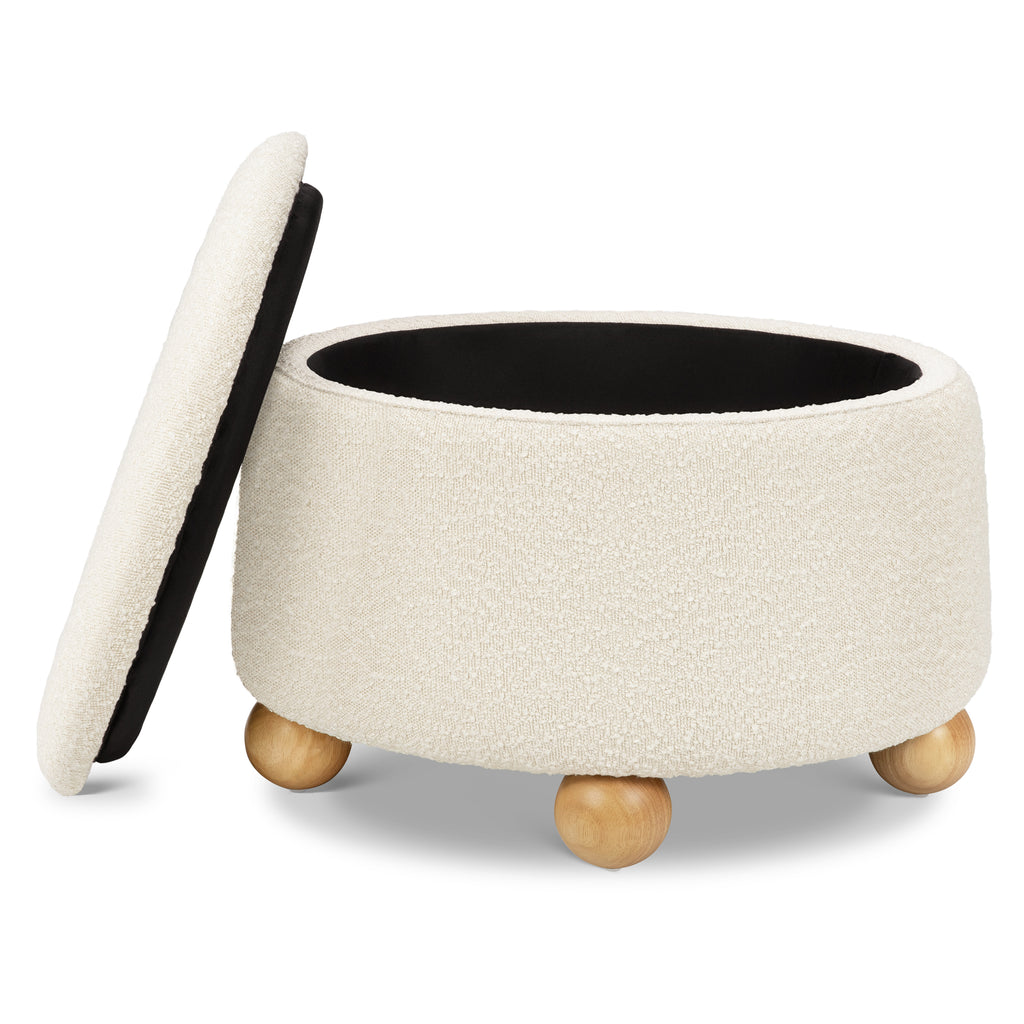 Tuffet Storage Ottoman in Performance Ivory Boucle with Honey Ball Feet