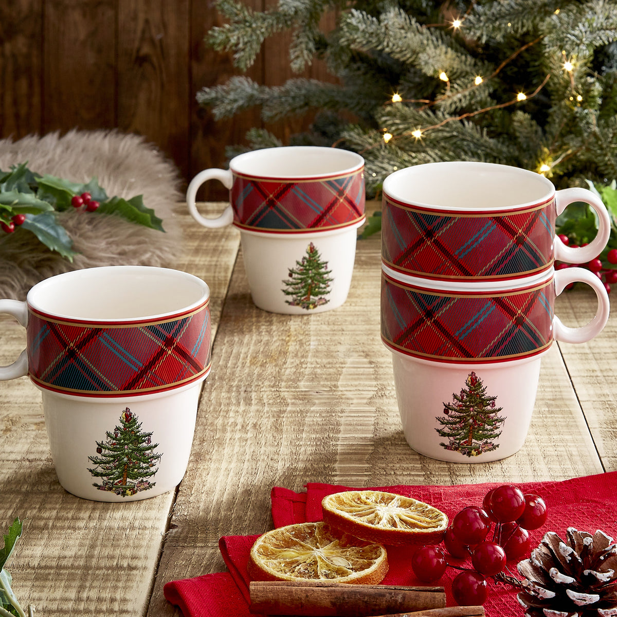 Christmas Tree Tartan Stacking Mugs, Set of 4