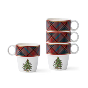 Christmas Tree Tartan Stacking Mugs, Set of 4