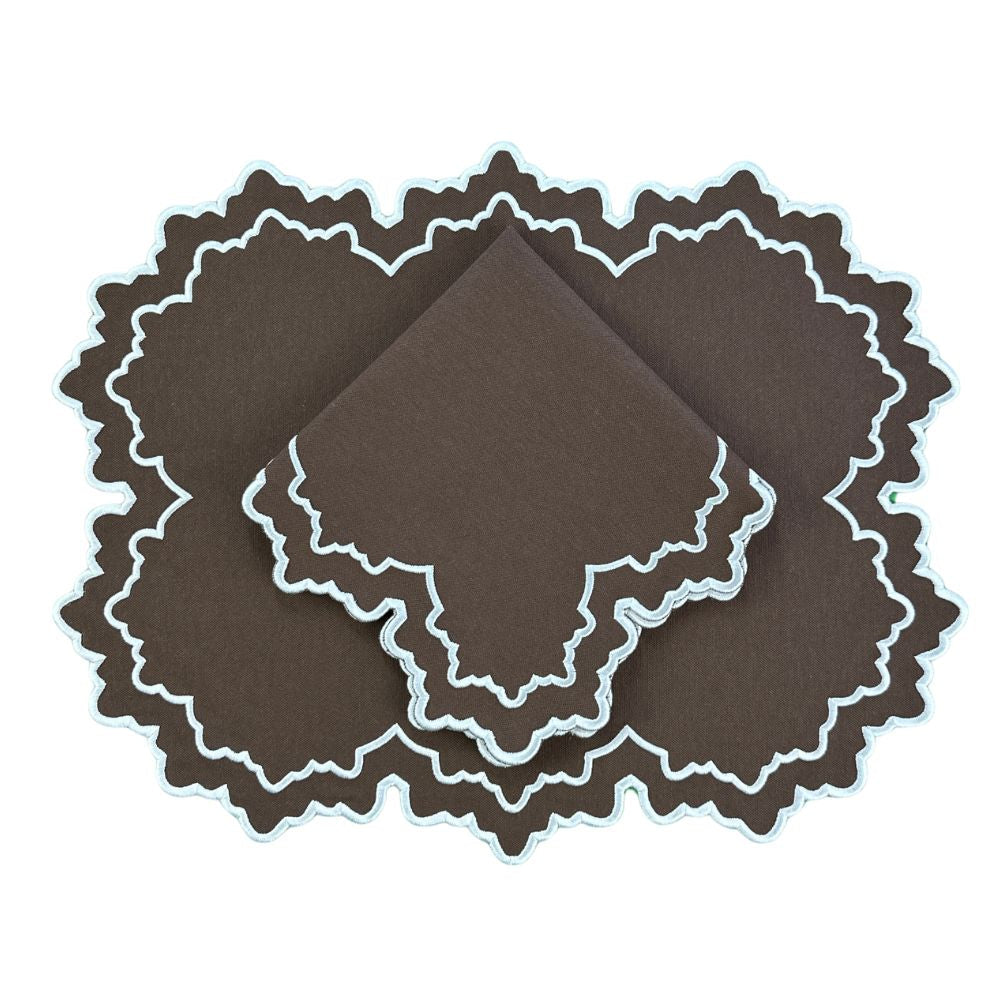 Cloth cocoa luxury napkin with white embroidery and placemat