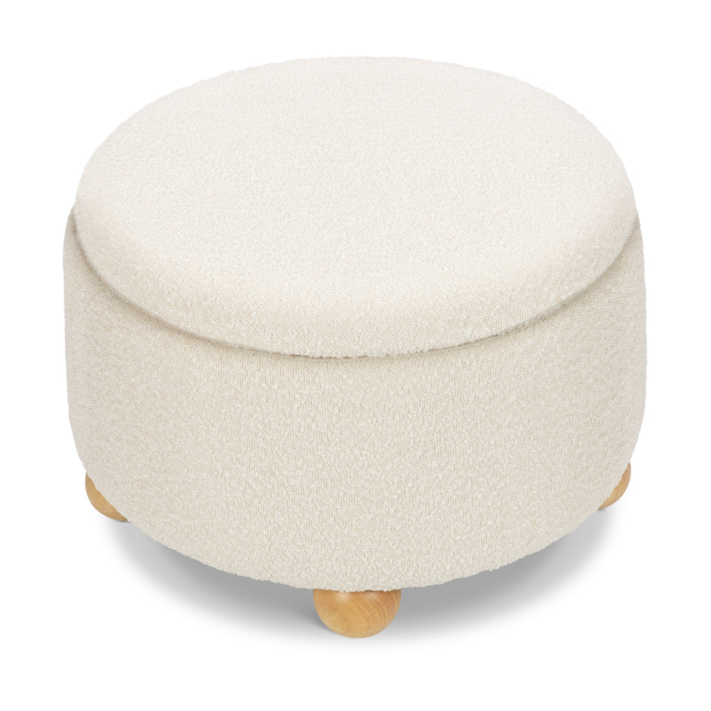 Tuffet Storage Ottoman in Performance Ivory Boucle with Honey Ball Feet