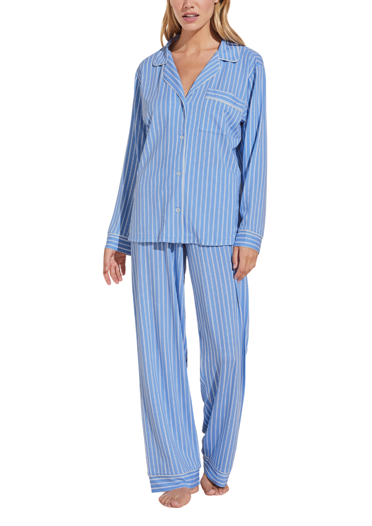 Gisele Printed TENCEL™ Modal Long PJ Set in Nordic Stripes Vista Blue/Ivory