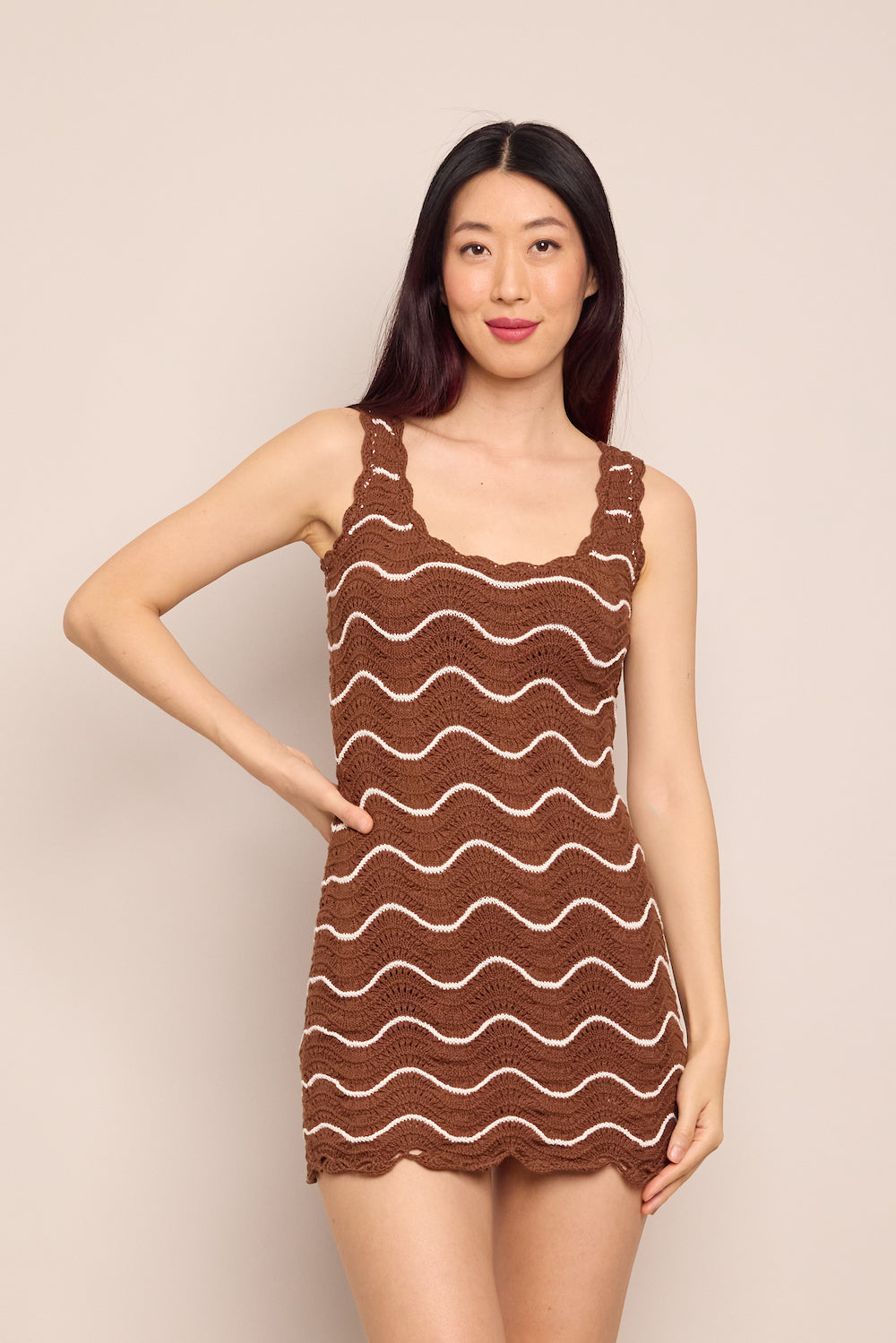 Orel Mini Dress in Brown Ivory Wave Crochet