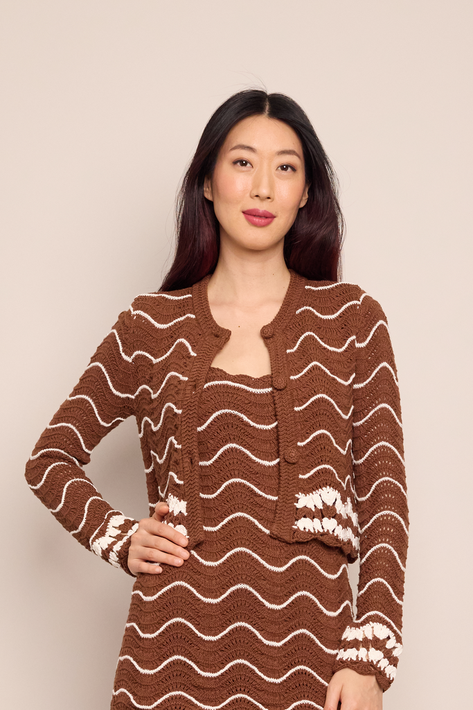 Jolene Cardigan in Brown Ivory Wave Crochet