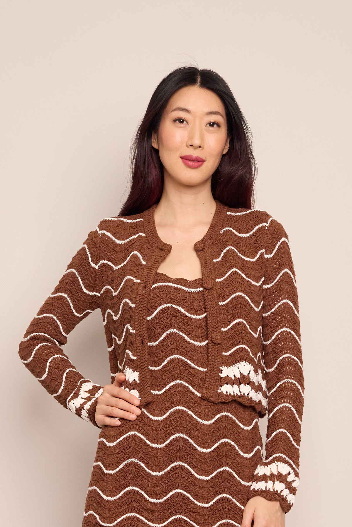 Jolene Cardigan in Brown Ivory Wave Crochet