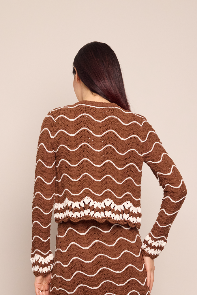 Jolene Cardigan in Brown Ivory Wave Crochet