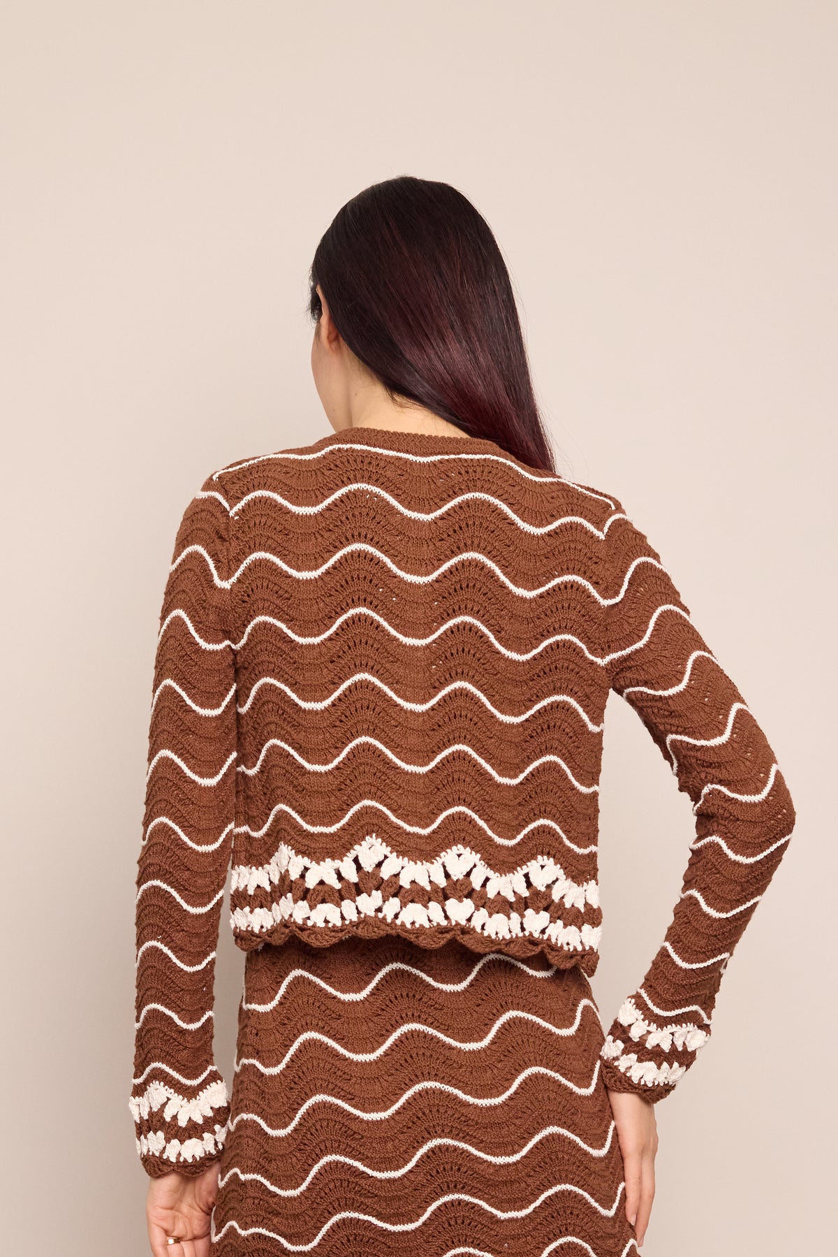 Jolene Cardigan in Brown Ivory Wave Crochet