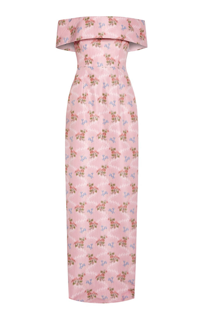 OTM Exclusive: Clover Pink Floral Ikat Off-The-Shoulder Collar Column Gown With Back Slit