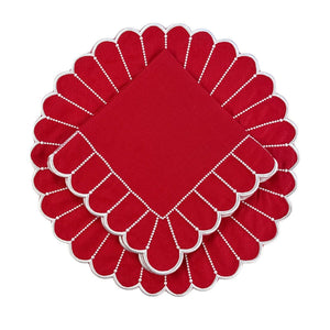 Red linen napkin  and placemat with scalloped edge and white embroidery luxury collection