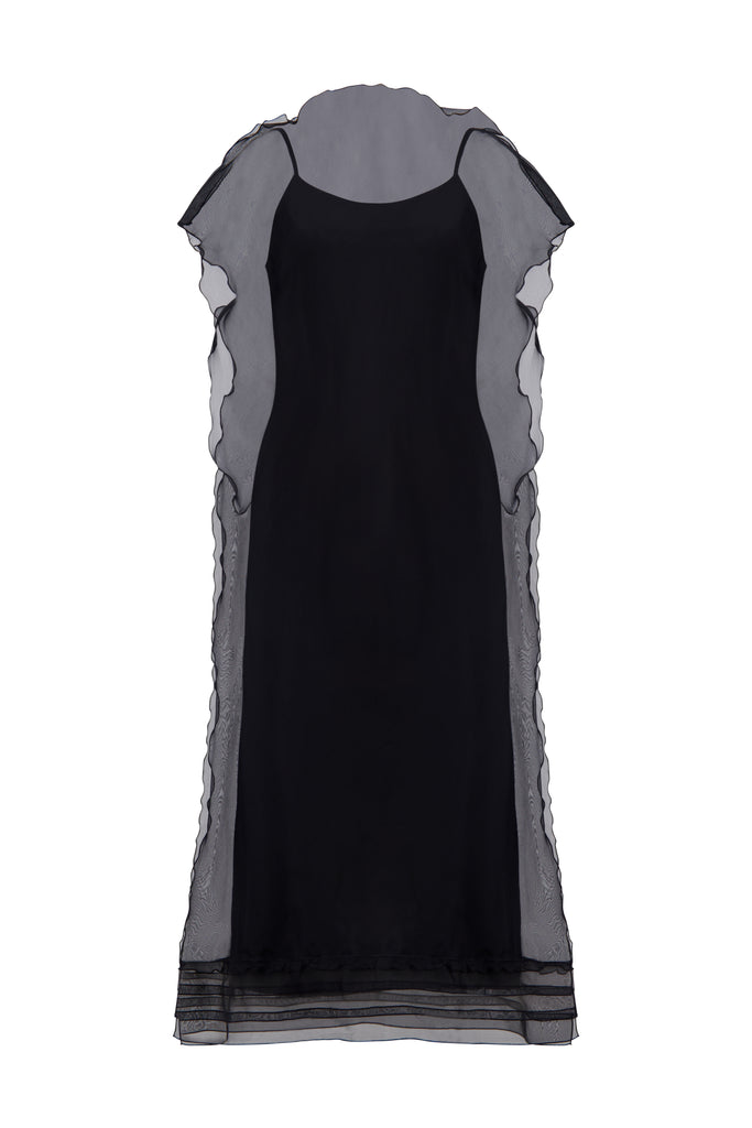 Silk Organza Sack Dress with Scalloped Edge in Black