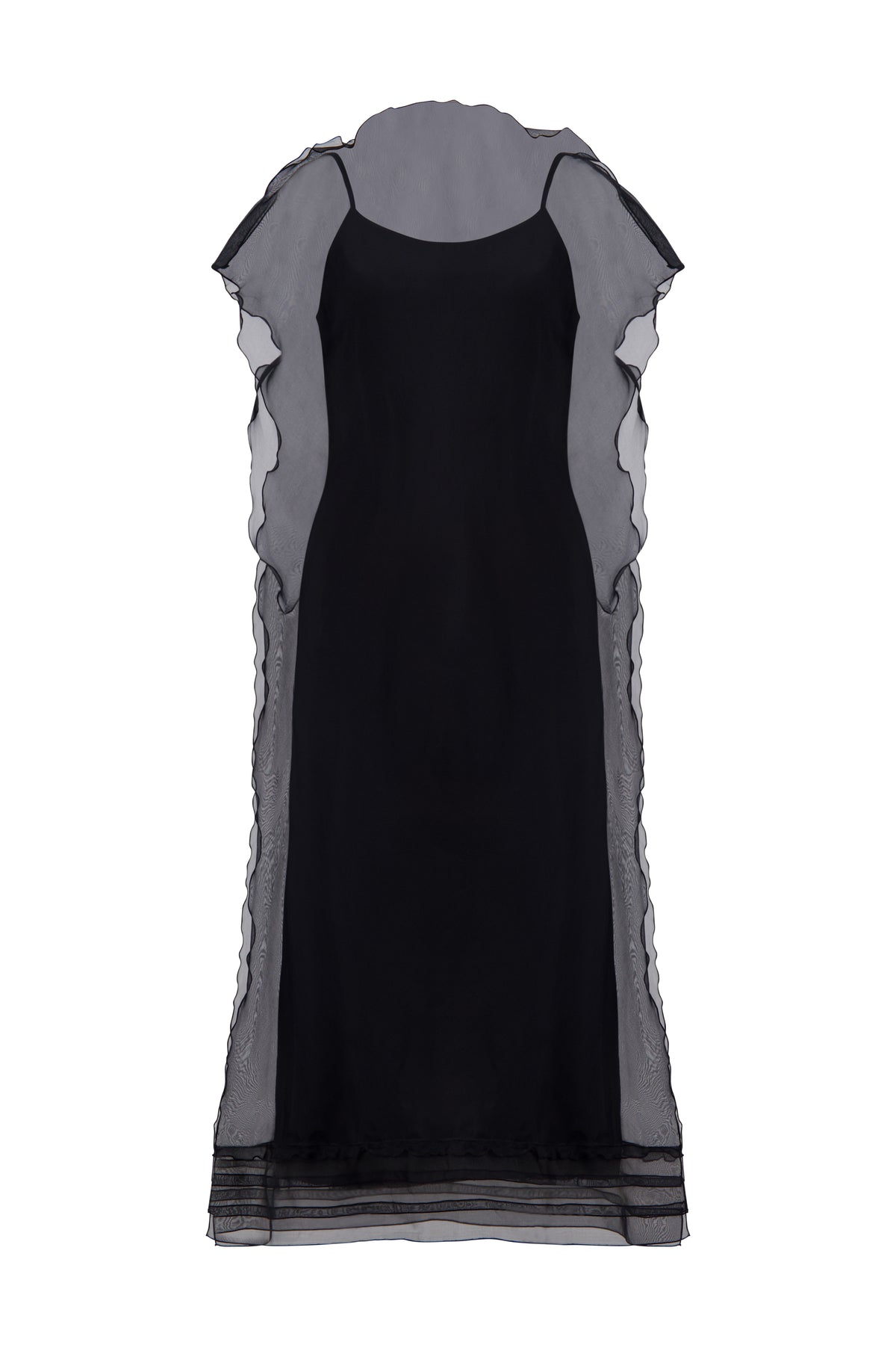 Silk Organza Sack Dress with Scalloped Edge in Black