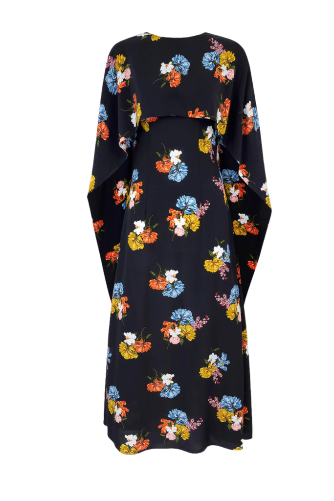 Alphonse Dress In Retro Bouquet On Black Silk Crepe De Chine