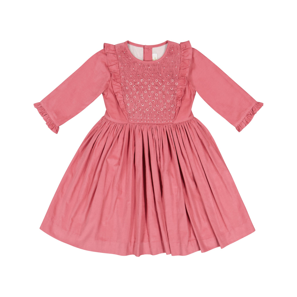 Angele Pink Corduroy Frilled Long Sleeve Smocked Dress