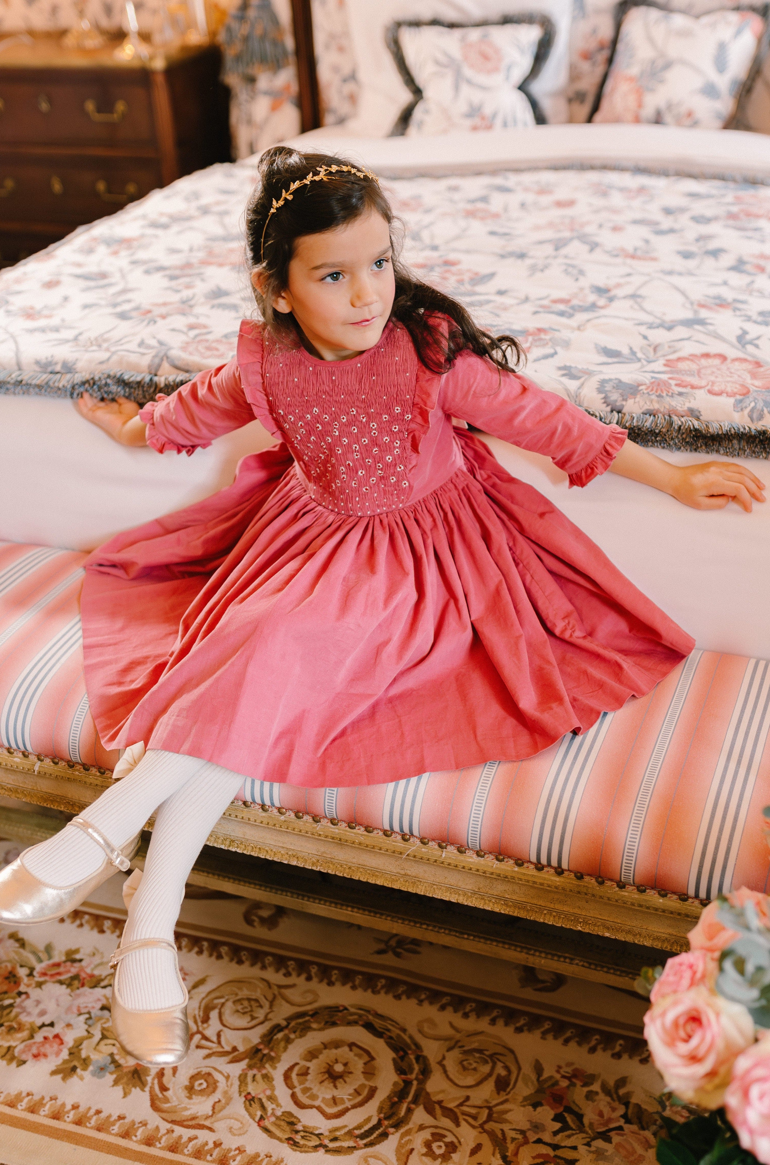 Angele Pink Corduroy Frilled Long Sleeve Smocked Dress