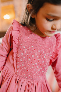 Angele Pink Corduroy Frilled Long Sleeve Smocked Dress